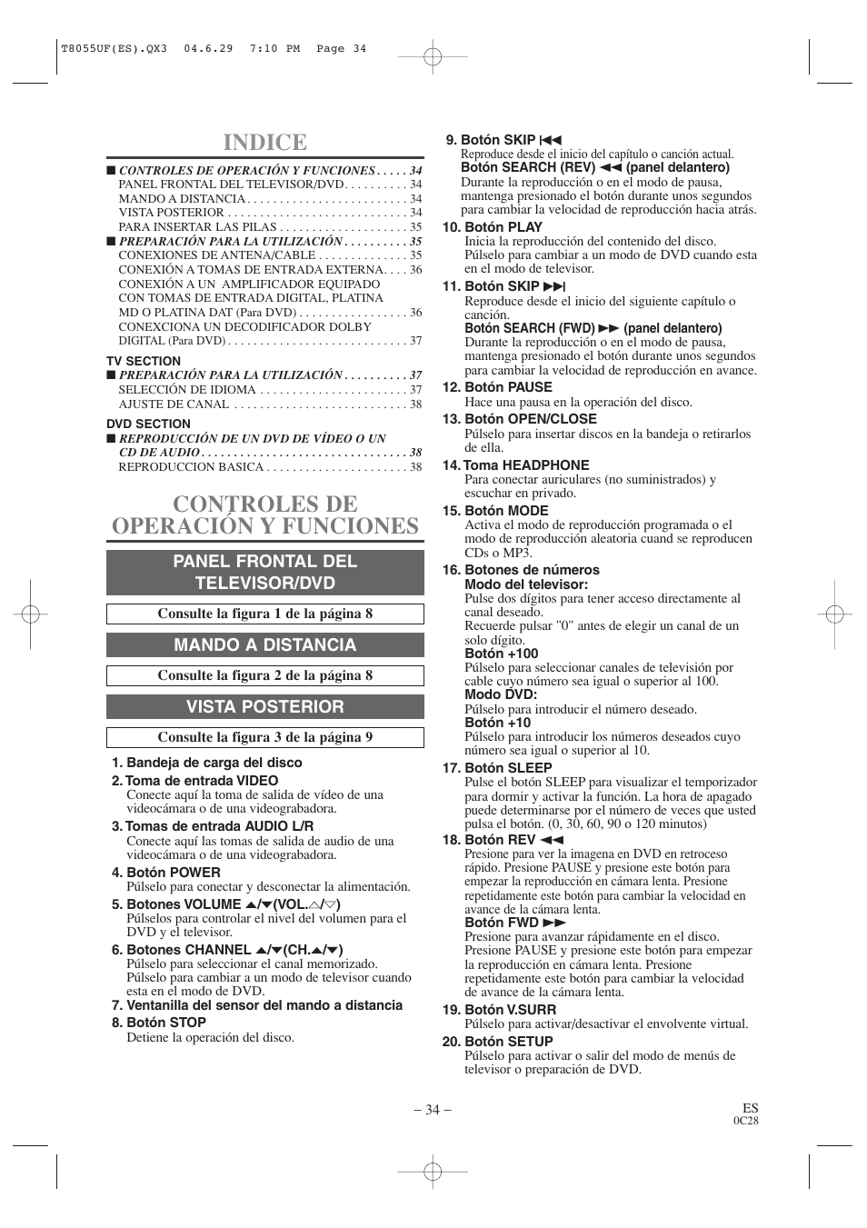 Indice, Controles de operación y funciones, Panel frontal del televisor/dvd | Mando a distancia, Vista posterior | Sylvania SRTD413 User Manual | Page 34 / 40
