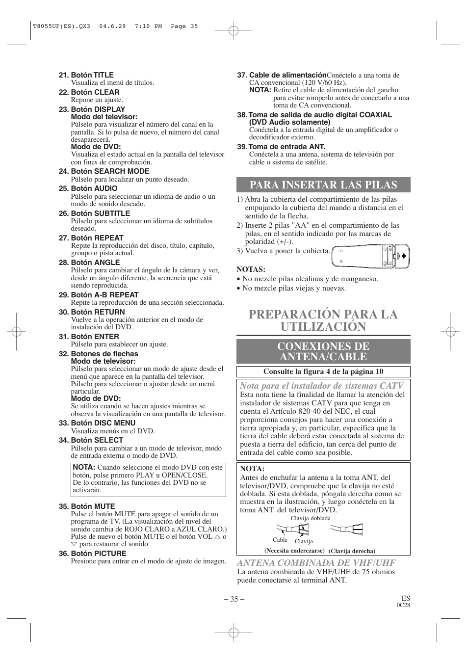 Preparación para la utilización, Para insertar las pilas conexiones de antena/cable | Sylvania SRTD413 User Manual | Page 35 / 40