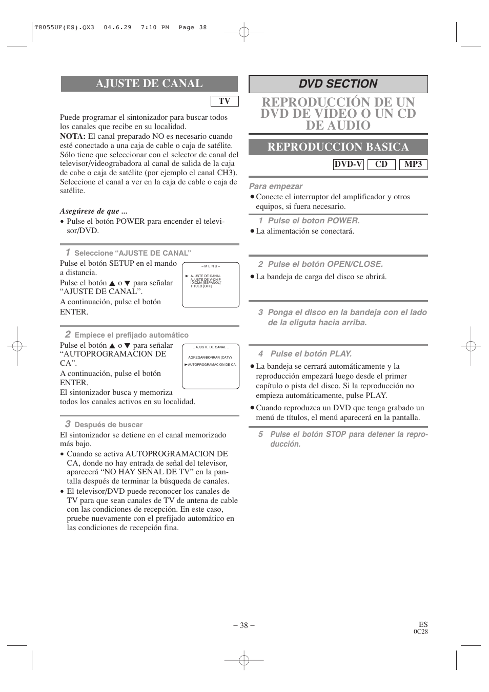 Reproducción de un dvd de vídeo o un cd de audio, Ajuste de canal reproduccion basica | Sylvania SRTD413 User Manual | Page 38 / 40