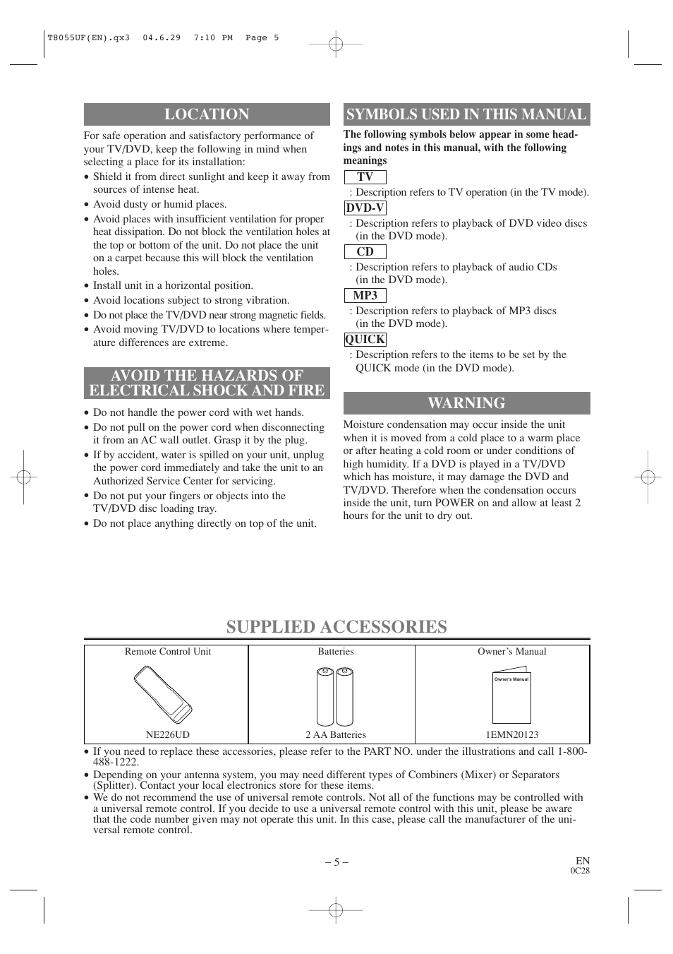 Supplied accessories, Warning, Symbols used in this manual | Sylvania SRTD413 User Manual | Page 5 / 40