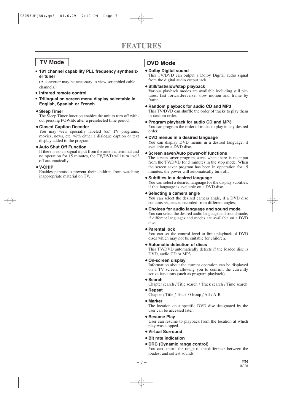 Features, Tv mode dvd mode | Sylvania SRTD413 User Manual | Page 7 / 40