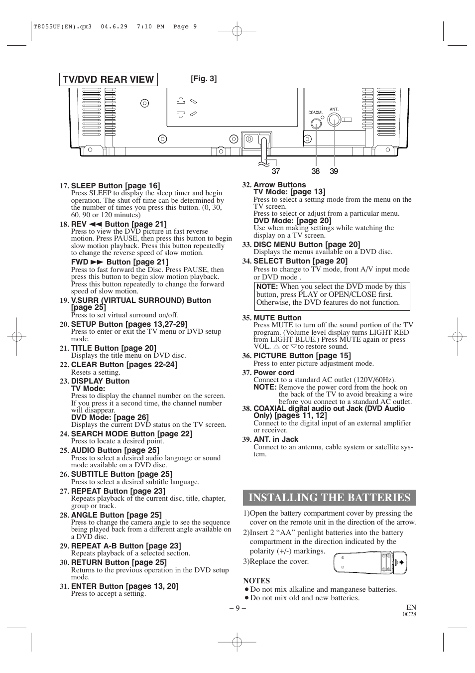 Installing the batteries, Tv/dvd rear view | Sylvania SRTD413 User Manual | Page 9 / 40