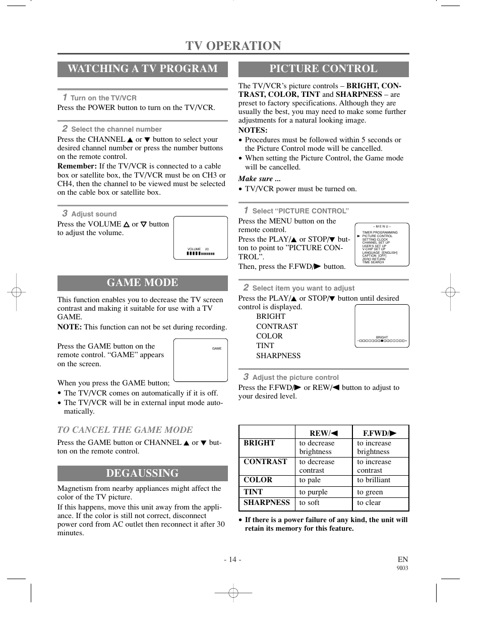 Tv operation, Watching a tv program, Game mode | Picture control, Degaussing | Sylvania 6313CC User Manual | Page 14 / 32