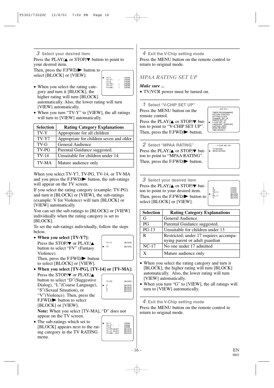 Mpaa rating set up, 16 - en, Make sure | Tv/vcr power must be turned on | Sylvania 6313CC User Manual | Page 16 / 32