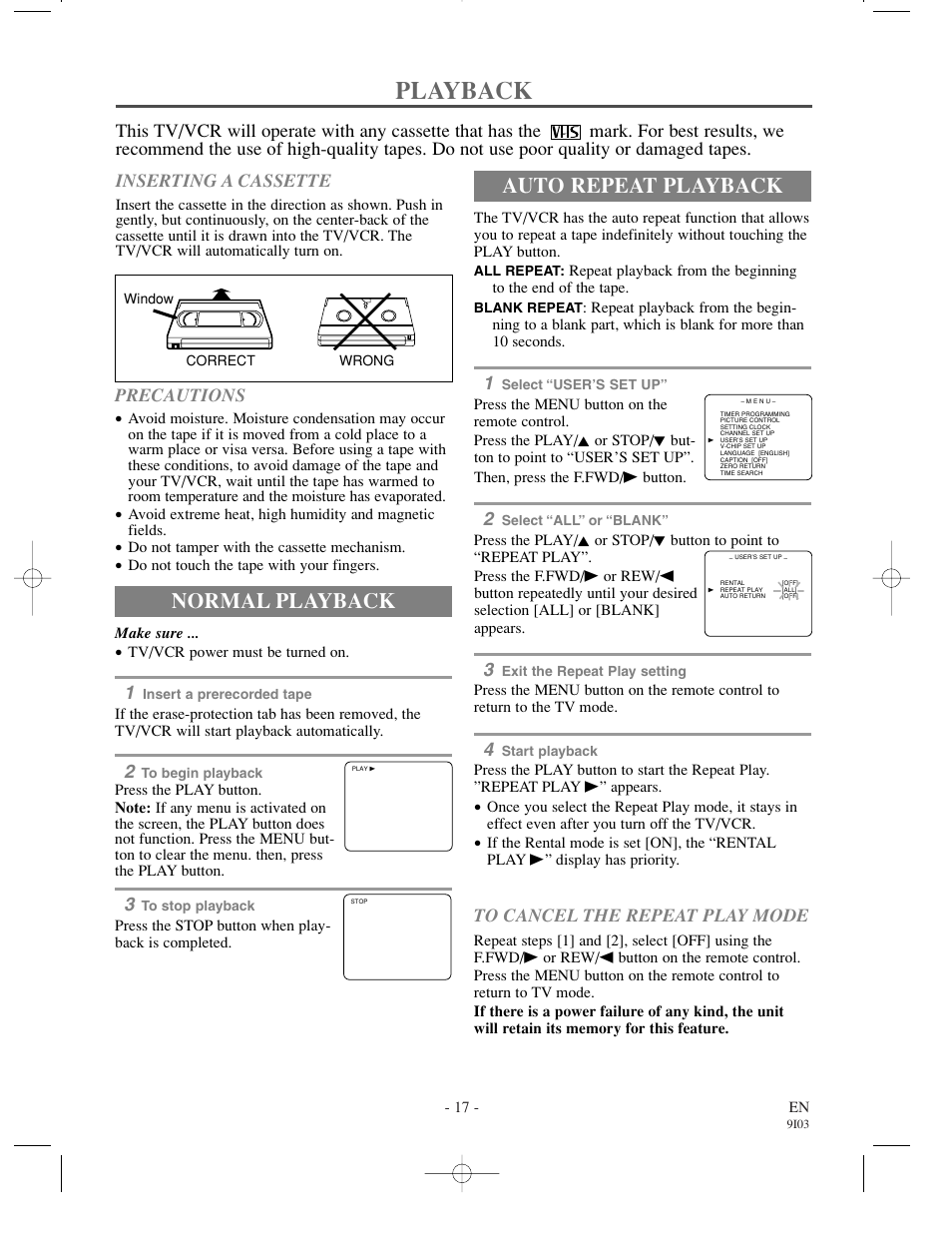 Playback, Auto repeat playback, Normal playback | Inserting a cassette, Precautions | Sylvania 6313CC User Manual | Page 17 / 32