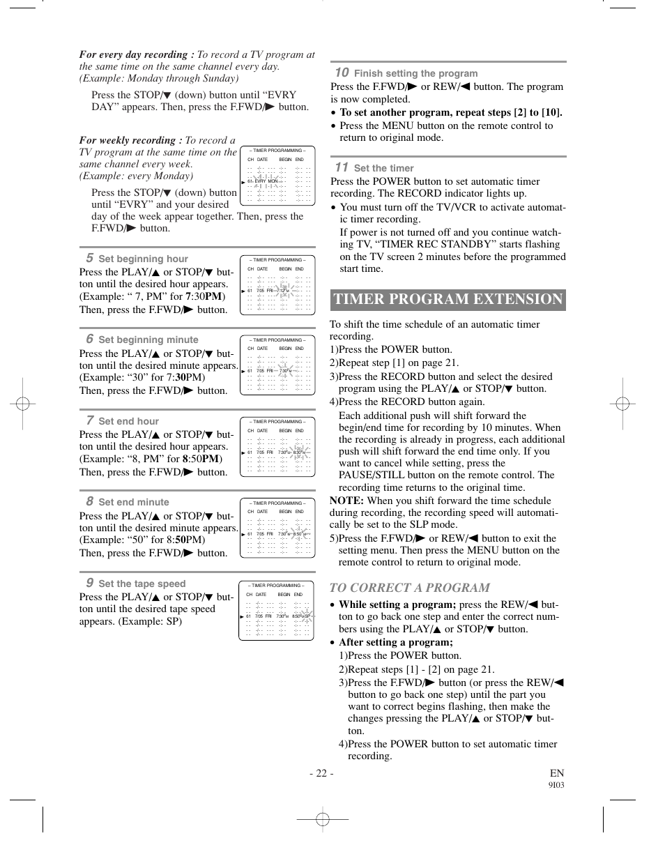 Timer program extension, 22 - en, Set beginning hour | Set beginning minute, Set end hour, Set end minute, Set the tape speed, Finish setting the program, Set the timer, 9i03 | Sylvania 6313CC User Manual | Page 22 / 32