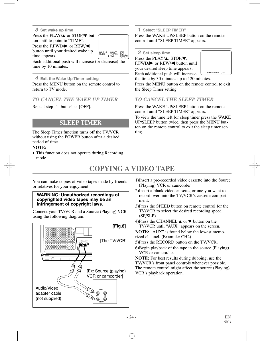 Copying a video tape, Sleep timer | Sylvania 6313CC User Manual | Page 24 / 32