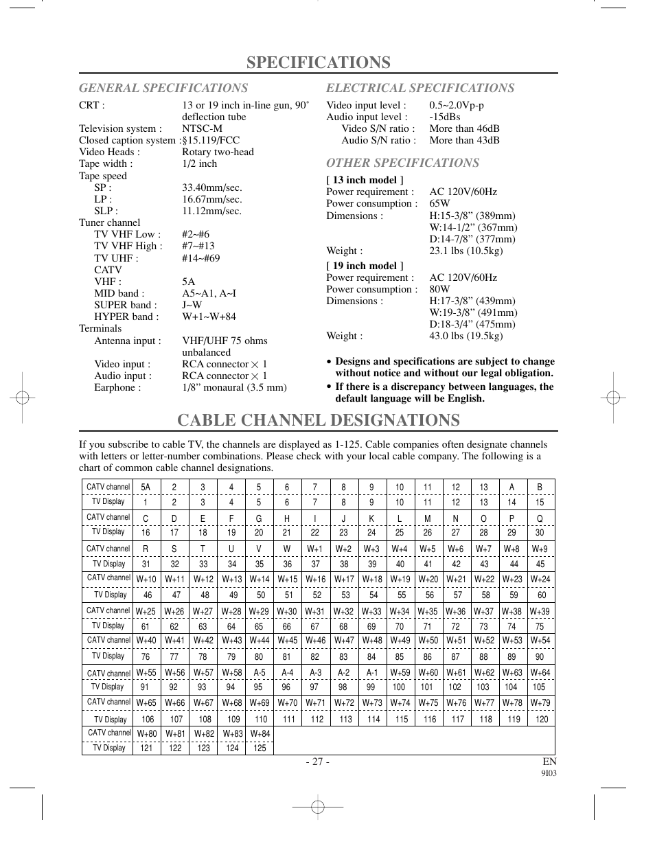 Specifications, Cable channel designations, General specifications | Electrical specifications, Other specifications | Sylvania 6313CC User Manual | Page 27 / 32