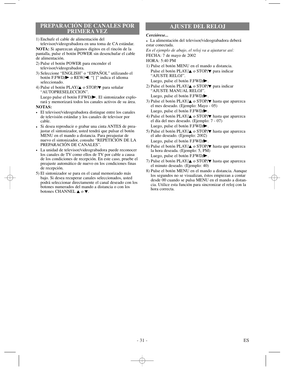 Preparación de canales por primera vez, Ajuste del reloj | Sylvania 6313CC User Manual | Page 31 / 32