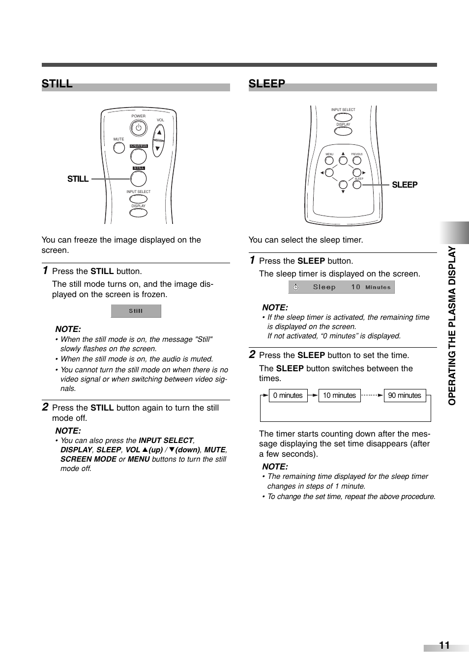 Still, Sleep, Opera ting the plasma displa y | Sylvania 6842PE M User Manual | Page 11 / 28