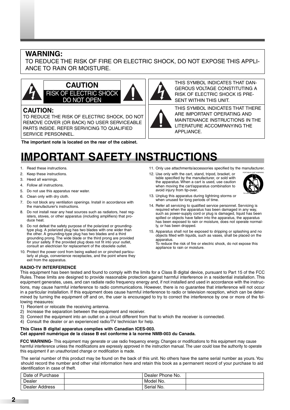 Important safety instructions, Warning, Caution | 2caution, Risk of electric shock do not open | Sylvania 6842PE M User Manual | Page 2 / 28