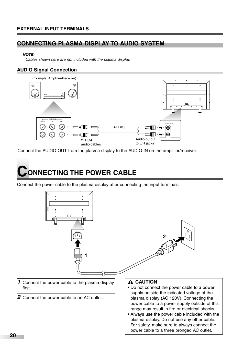 Onnecting the power cable, Connecting plasma display to audio system, Audio signal connection | External input terminals, Caution | Sylvania 6842PE M User Manual | Page 20 / 28