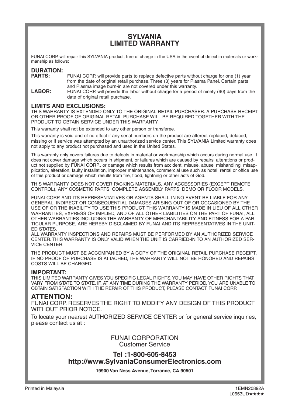 Sylvania limited warranty, Attention | Sylvania 6842PE M User Manual | Page 28 / 28