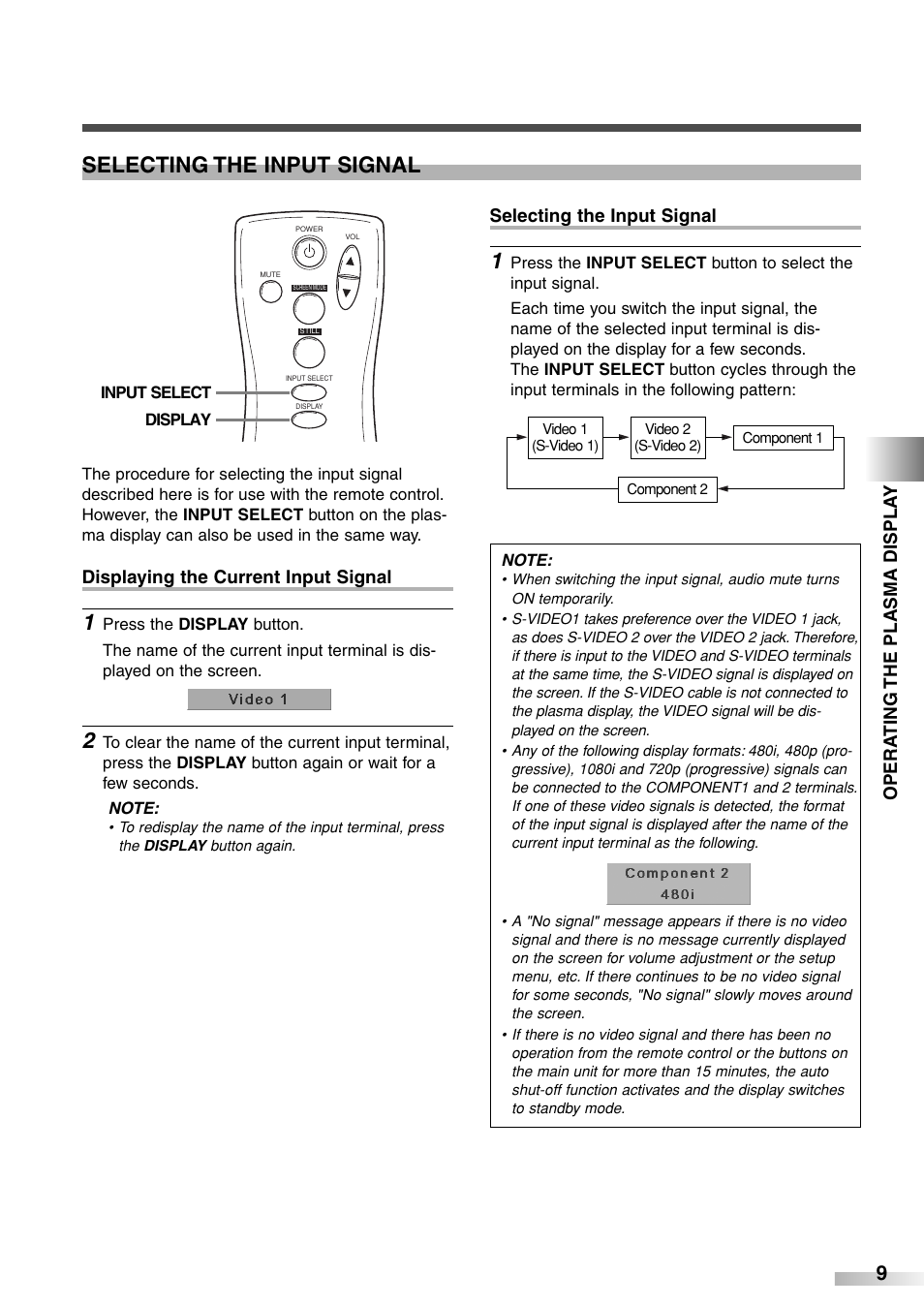 Selecting the input signal, Opera ting the plasma displa y, Displaying the current input signal | Sylvania 6842PE M User Manual | Page 9 / 28