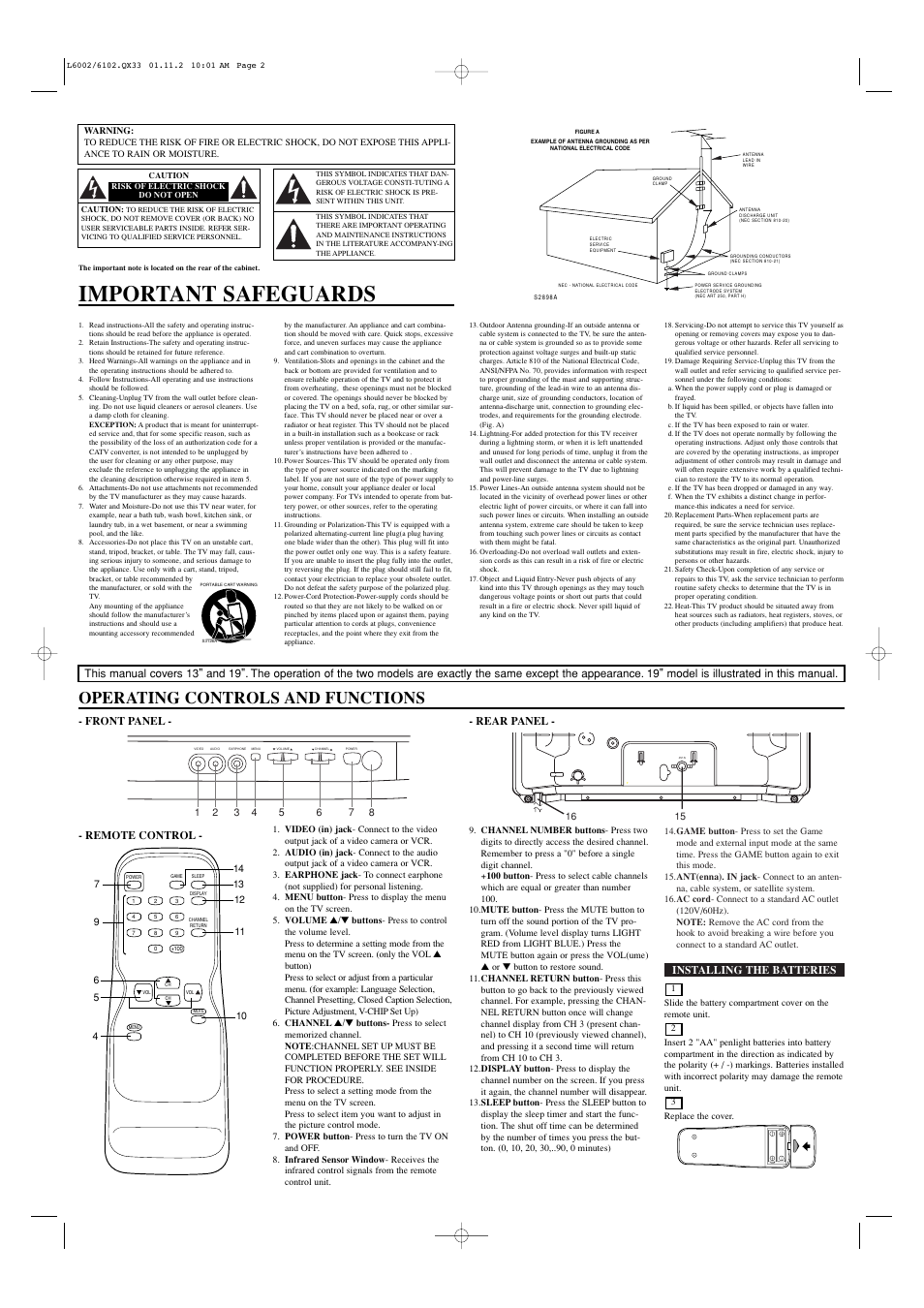 Important safeguards, Operating controls and functions, Installing the batteries | Front panel - - rear panel, Remote control | Sylvania 6413CTC User Manual | Page 2 / 4