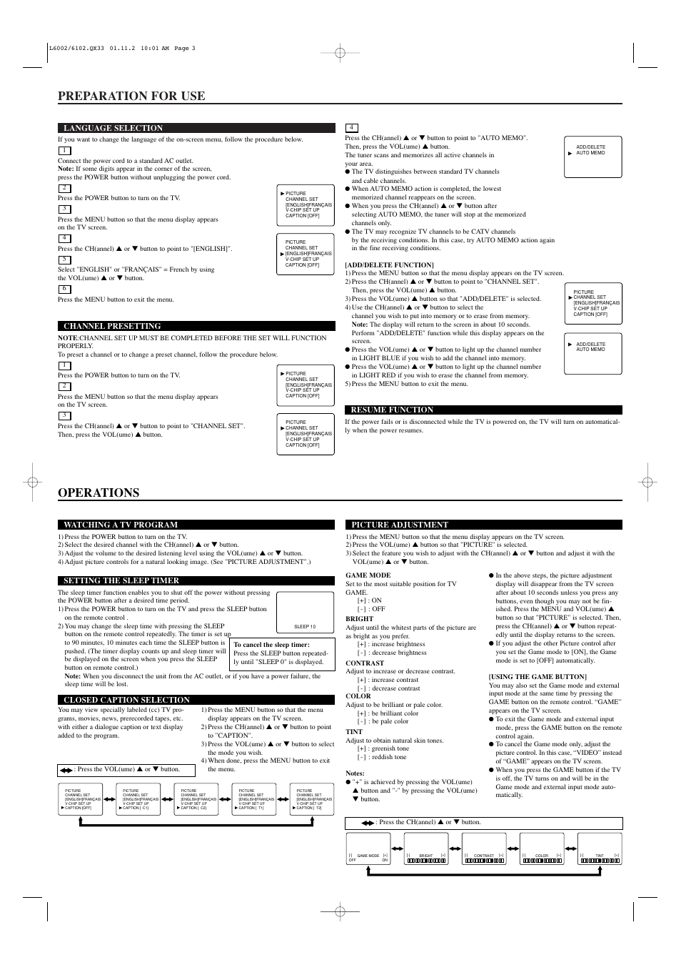 Preparation for use, Operations | Sylvania 6413CTC User Manual | Page 3 / 4