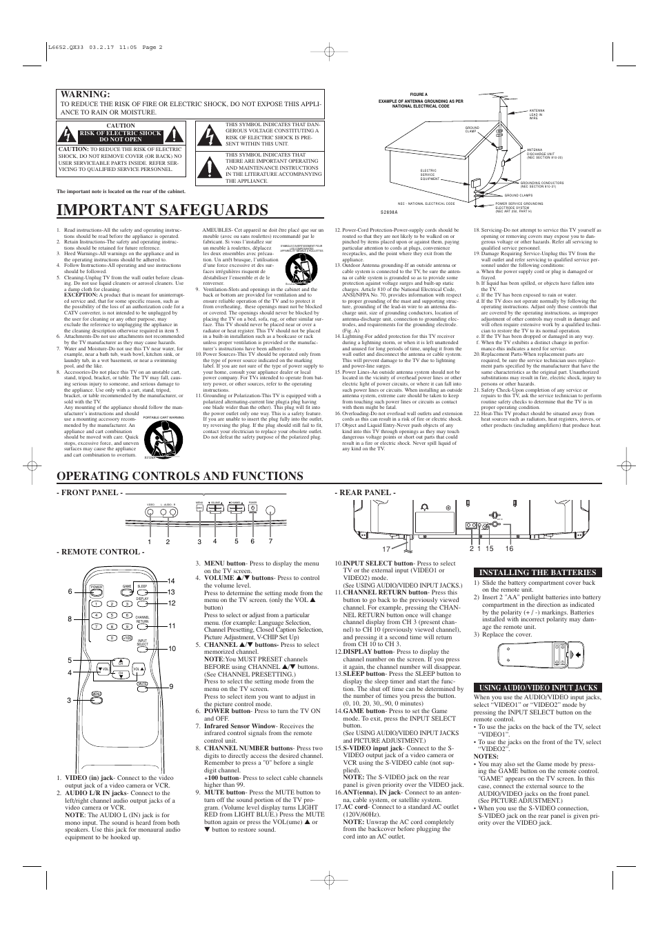 Important safeguards, Operating controls and functions, Warning | Sylvania SST4323 User Manual | Page 2 / 4