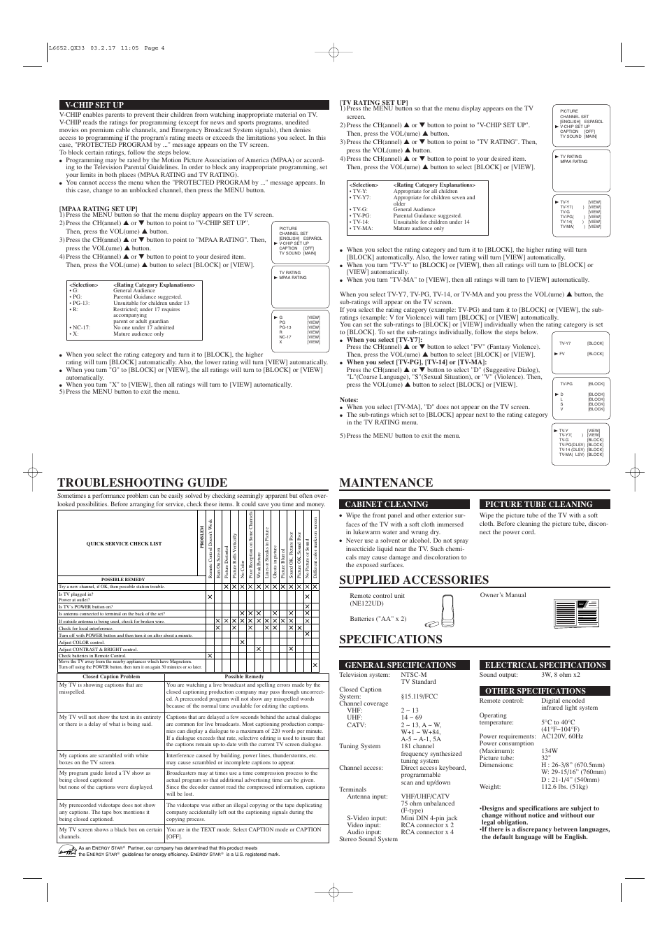 Specifications, Owner’s manual, General specifications | Electrical specifications, Other specifications, Cabinet cleaning, Picture tube cleaning, V-chip set up | Sylvania SST4323 User Manual | Page 4 / 4