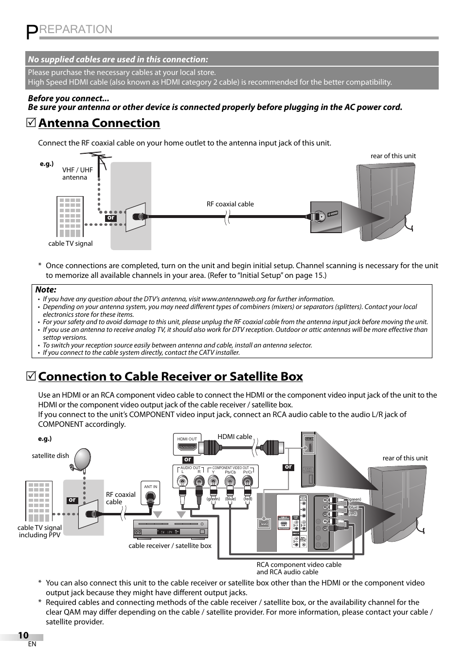 Reparation, Antenna connection, Connection to cable receiver or satellite box | No supplied cables are used in this connection | Sylvania LD320SSX User Manual | Page 10 / 162