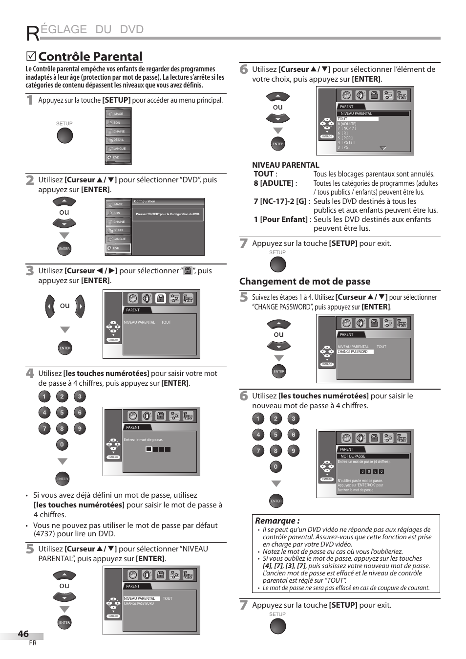 Églage du dvd, Contrôle parental, Changement de mot de passe | Remarque | Sylvania LD320SSX User Manual | Page 100 / 162