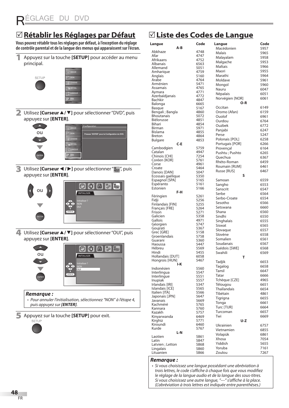 Églage du dvd, Liste des codes de langue 5, Rétablir les réglages par défaut 5 | Remarque | Sylvania LD320SSX User Manual | Page 102 / 162