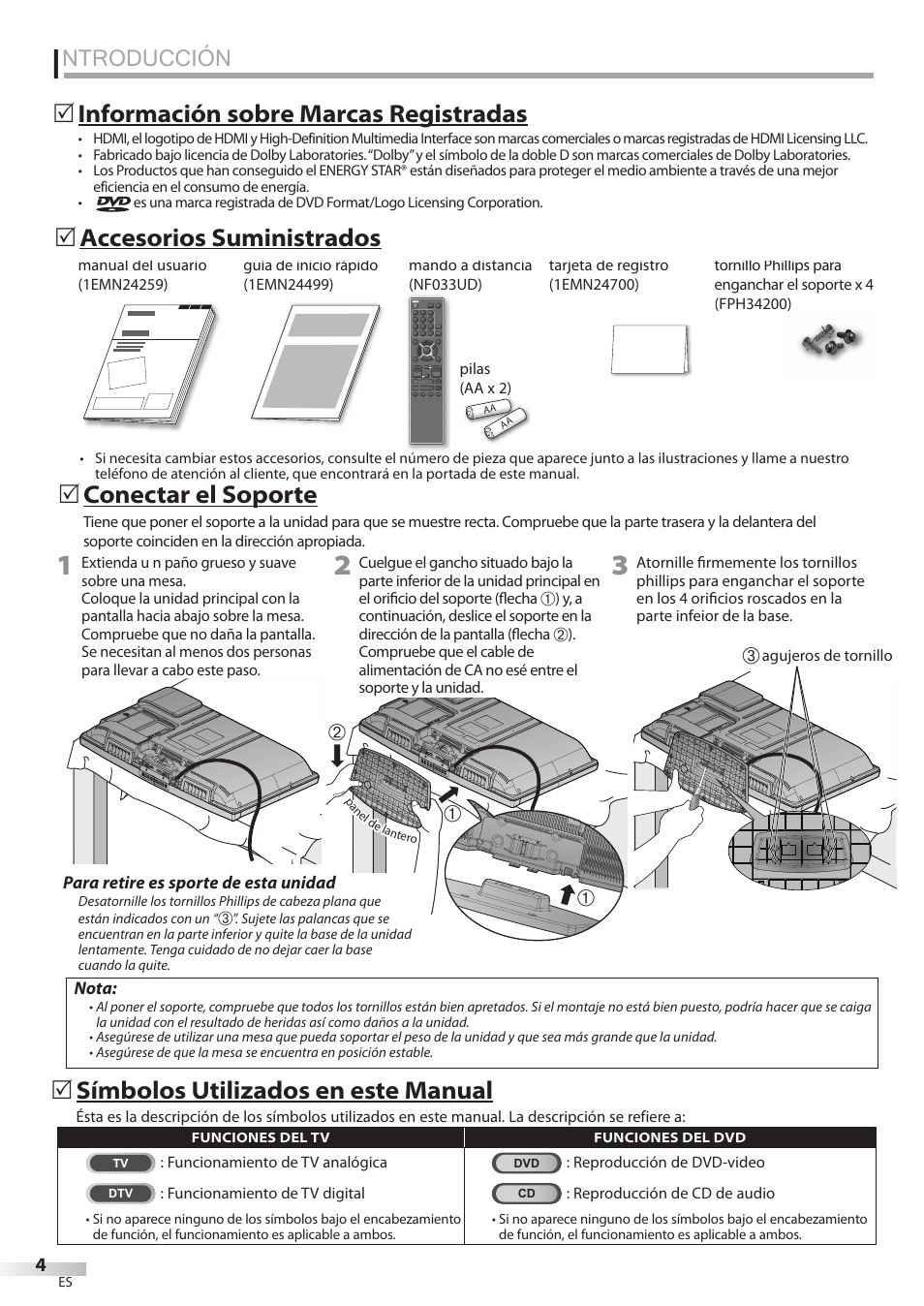 Ntroducción, Conectar el soporte, 5accesorios suministrados 5 | Información sobre marcas registradas, Símbolos utilizados en este manual | Sylvania LD320SSX User Manual | Page 112 / 162