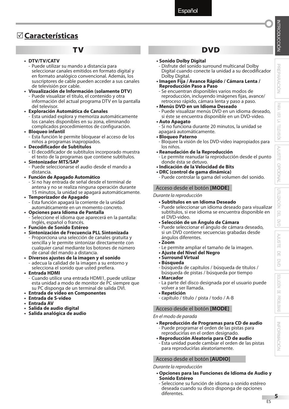 English español français, Características 5 tv dvd | Sylvania LD320SSX User Manual | Page 113 / 162