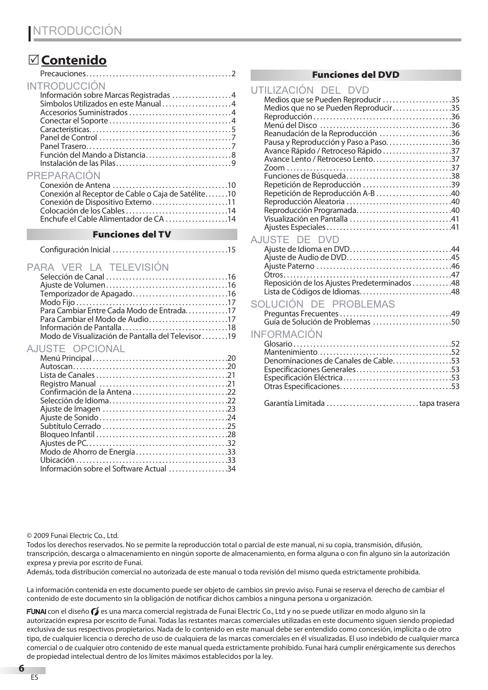 Ntroducción, Introducción, Preparación | Para ver la televisión, Ajuste opcional, Utilización del dvd, Ajuste de dvd, Solución de problemas, Información | Sylvania LD320SSX User Manual | Page 114 / 162