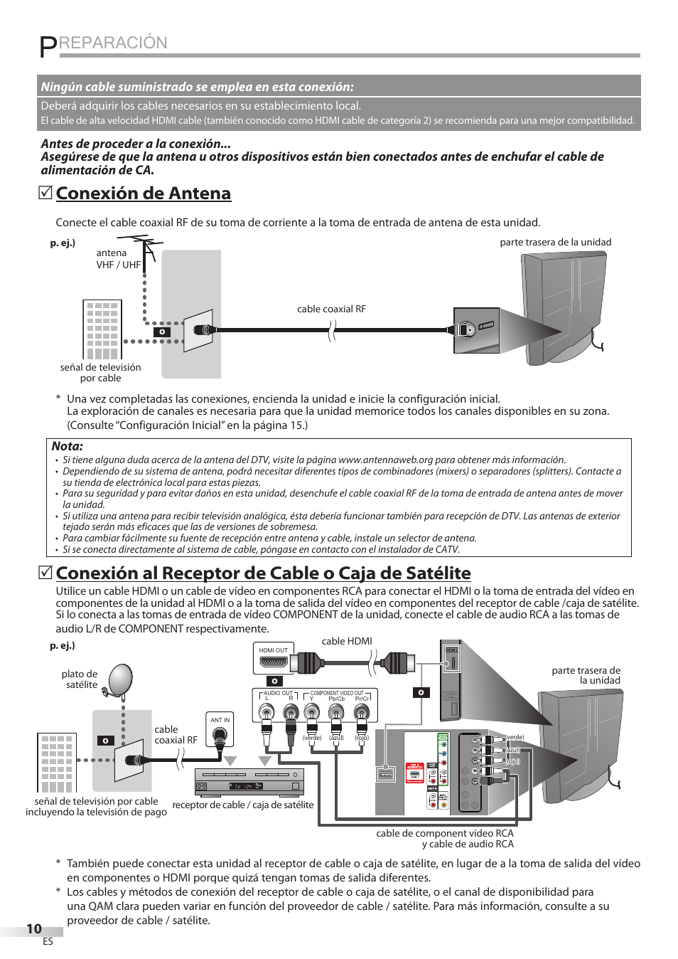 Reparación, Conexión de antena, Conexión al receptor de cable o caja de satélite | Nota | Sylvania LD320SSX User Manual | Page 118 / 162