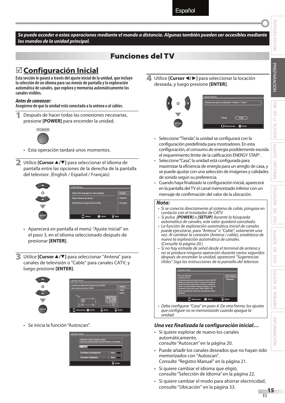 English español français, Configuración inicial, Funciones del tv | Antes de comenzar, Nota, Una vez finalizada la configuración inicial, Se inicia la función “autoscan | Sylvania LD320SSX User Manual | Page 123 / 162