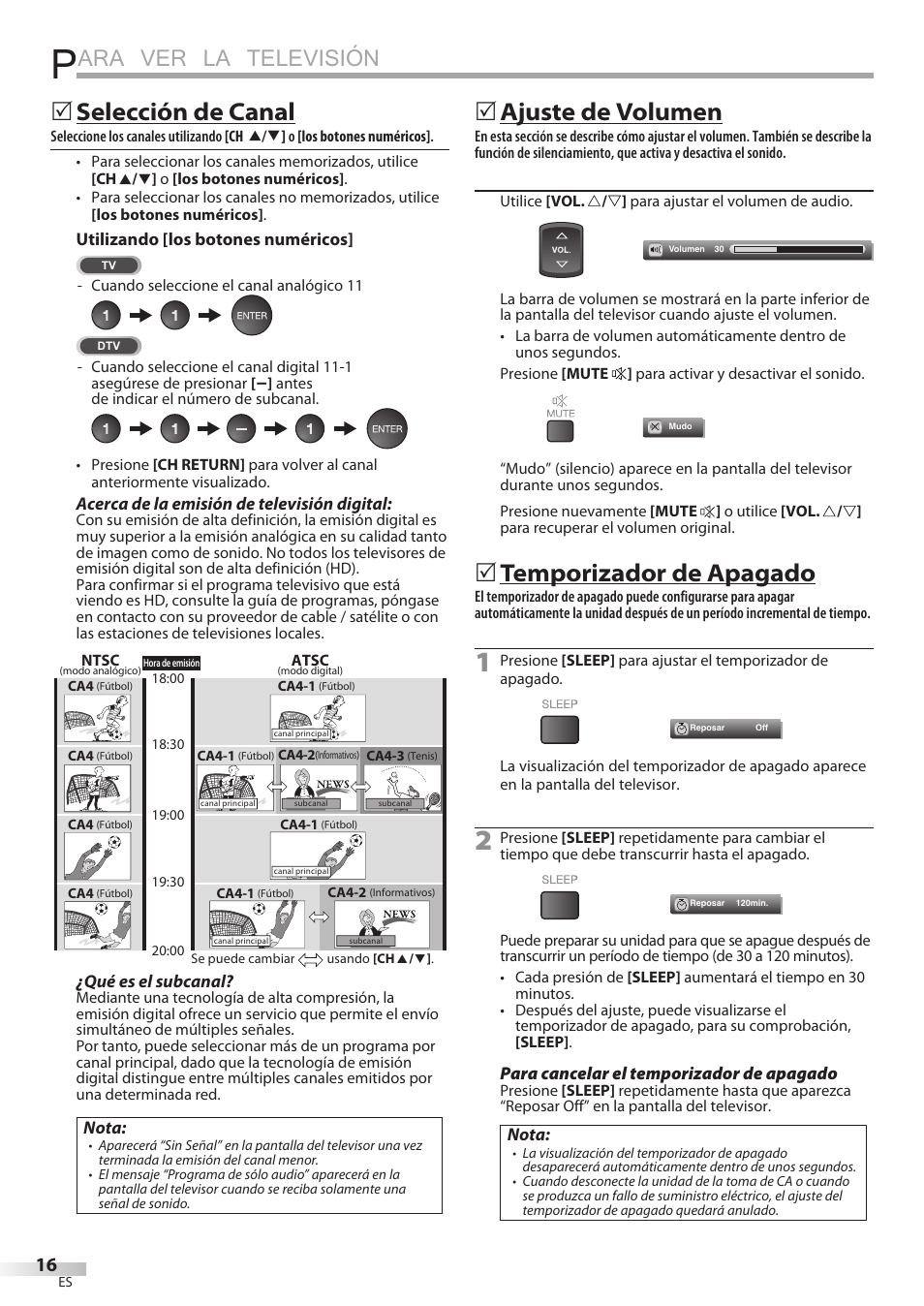 Ara ver la televisión, Selección de canal, Ajuste de volumen | Temporizador de apagado | Sylvania LD320SSX User Manual | Page 124 / 162