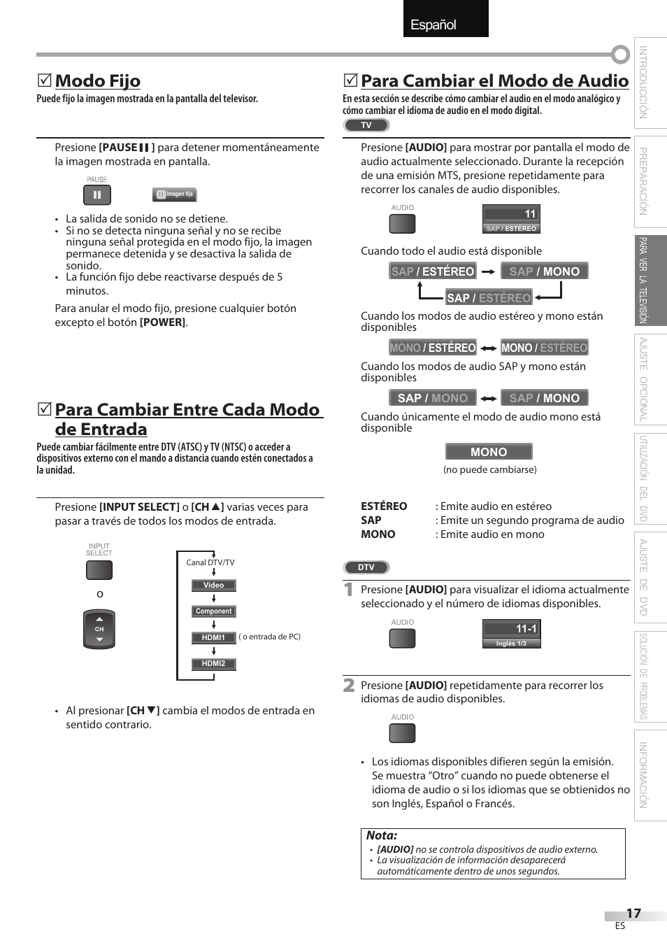 English español français, Modo fijo, Para cambiar entre cada modo de entrada | Para cambiar el modo de audio | Sylvania LD320SSX User Manual | Page 125 / 162