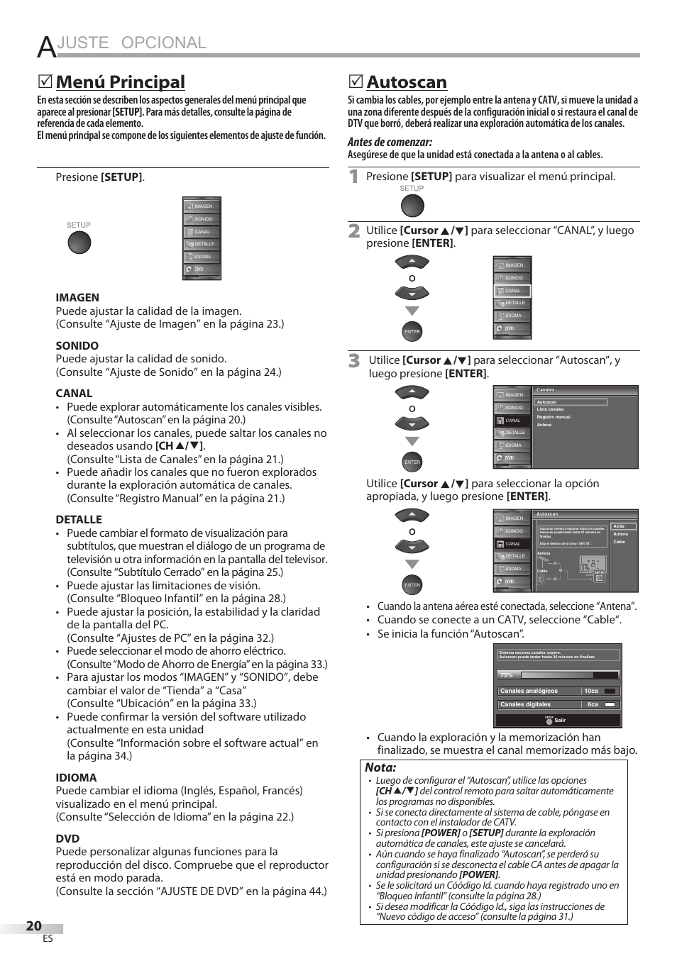 Juste opcional, Menú principal, Autoscan | Antes de comenzar, Nota | Sylvania LD320SSX User Manual | Page 128 / 162