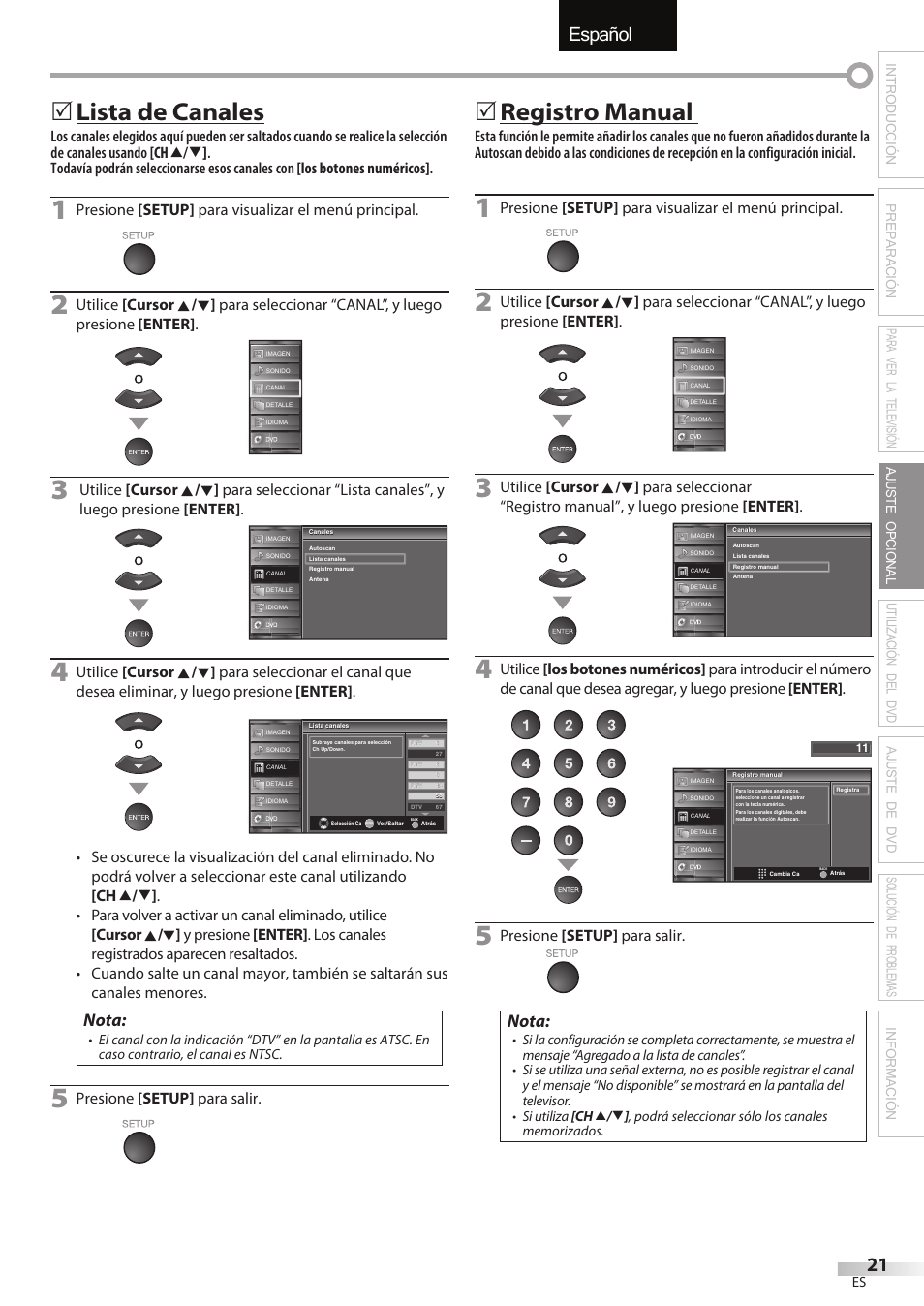 English español français, Lista de canales, Registro manual | Nota, Presione [setup] para visualizar el menú principal, Presione [setup] para salir | Sylvania LD320SSX User Manual | Page 129 / 162