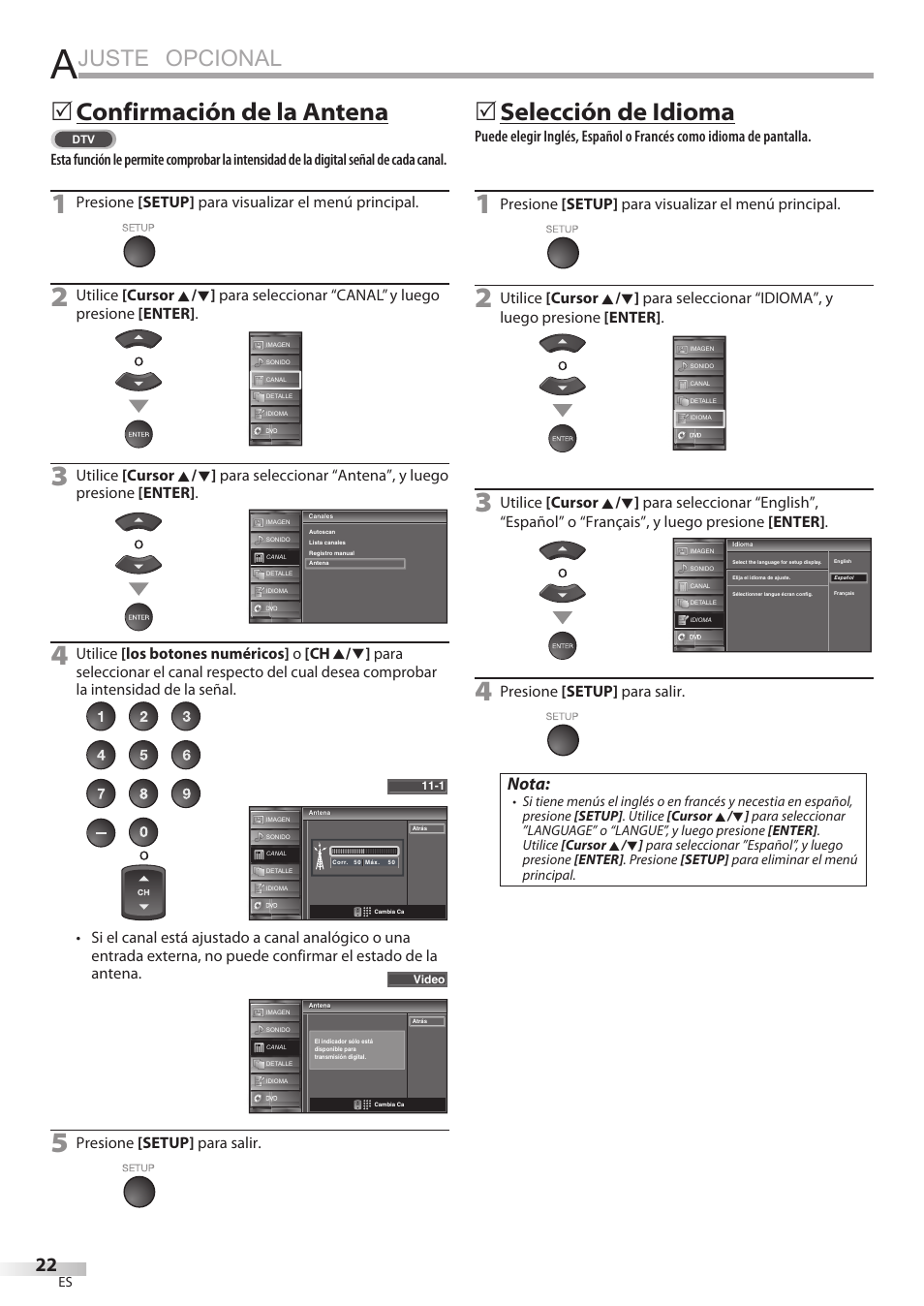 Juste opcional, Confirmación de la antena, Selección de idioma | Nota | Sylvania LD320SSX User Manual | Page 130 / 162