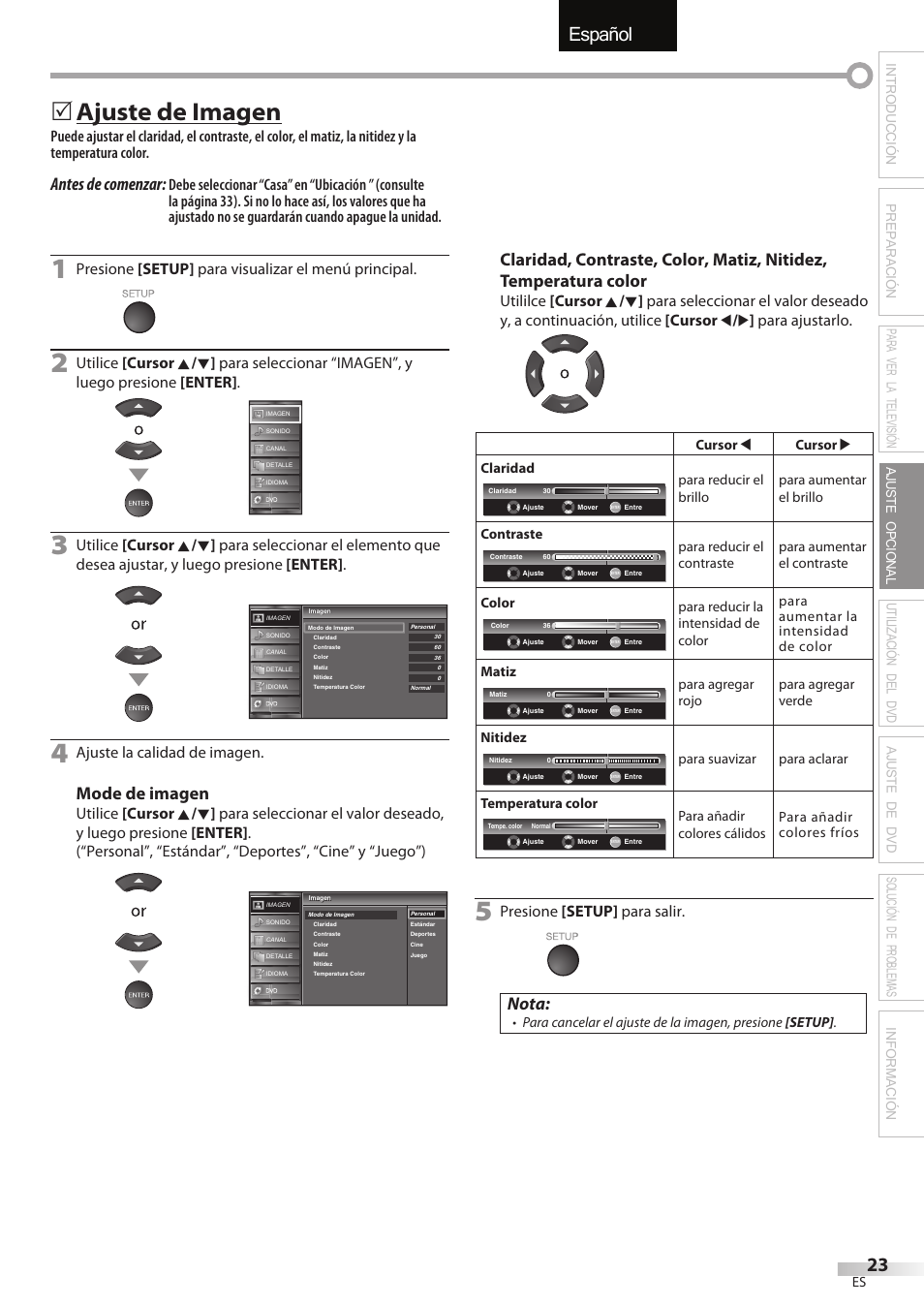 English español français, Ajuste de imagen, Antes de comenzar | Mode de imagen, Nota, Presione [setup] para visualizar el menú principal, Ajuste la calidad de imagen, Presione [setup] para salir | Sylvania LD320SSX User Manual | Page 131 / 162