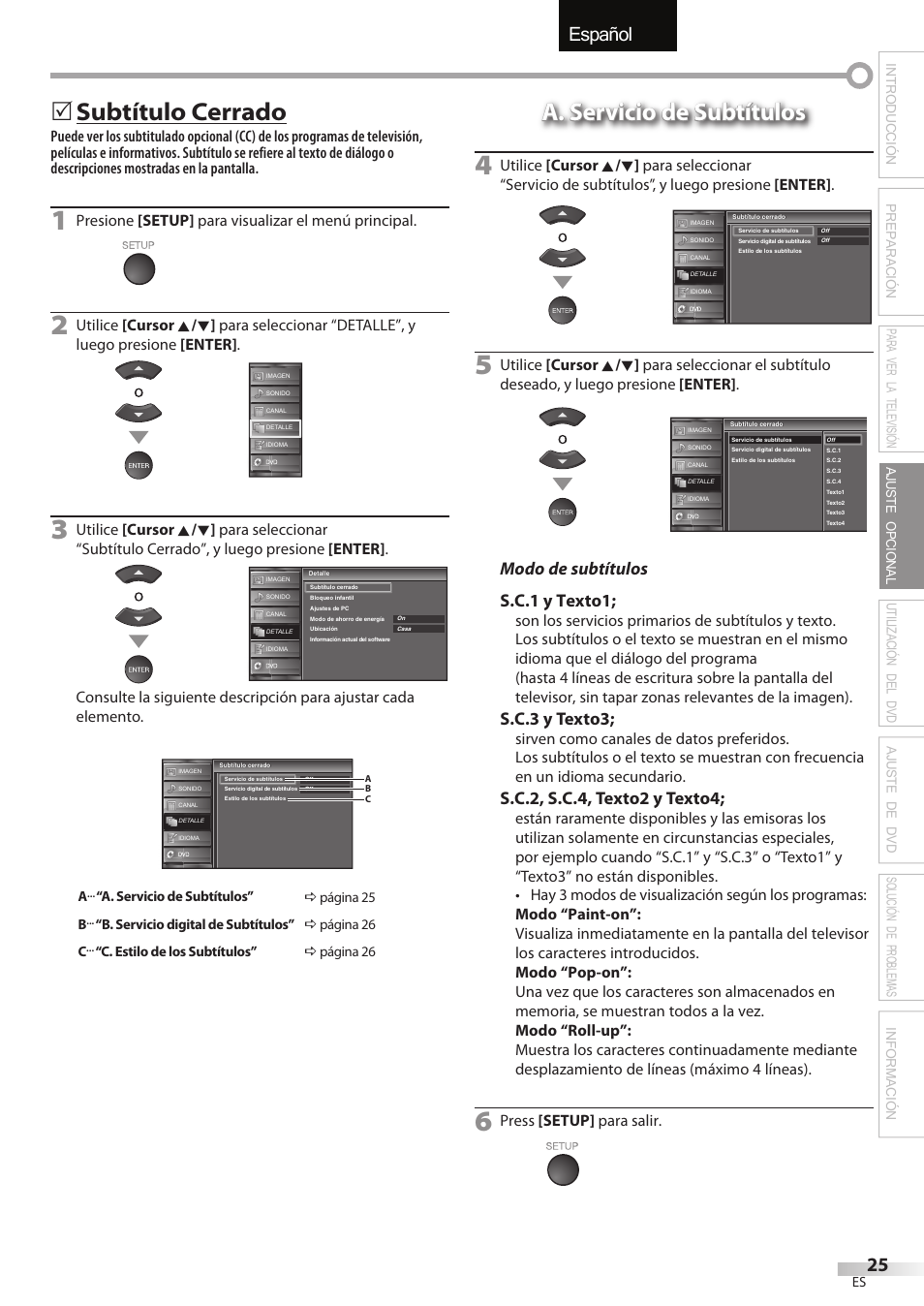 English español français, Subtítulo cerrado, Modo de subtítulos s.c.1 y texto1 | S.c.3 y texto3, S.c.2, s.c.4, texto2 y texto4, Presione [setup] para visualizar el menú principal, Press [setup] para salir | Sylvania LD320SSX User Manual | Page 133 / 162