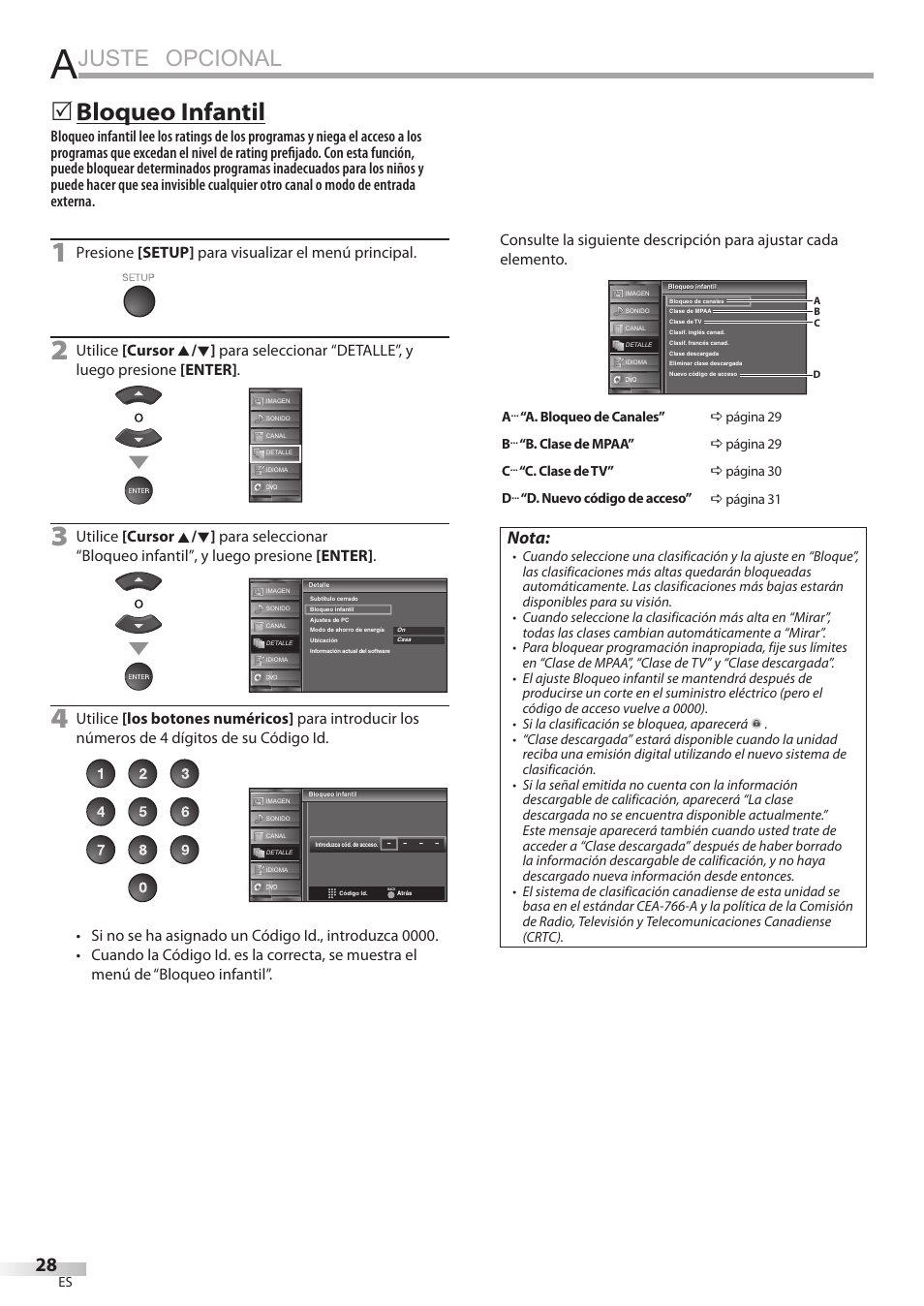 Juste opcional, Bloqueo infantil, Nota | Presione [setup] para visualizar el menú principal | Sylvania LD320SSX User Manual | Page 136 / 162