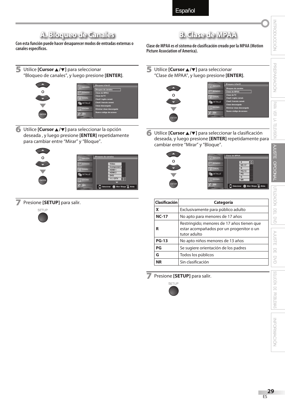 English español français, A. bloqueo de canales, B. clase de mpaa | Presione [setup] para salir | Sylvania LD320SSX User Manual | Page 137 / 162