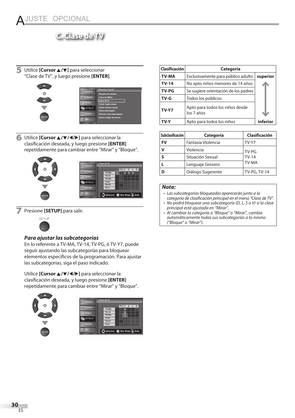 Juste opcional, C. clase de tv, Para ajustar las subcategorías | Nota, Presione [setup] para salir | Sylvania LD320SSX User Manual | Page 138 / 162