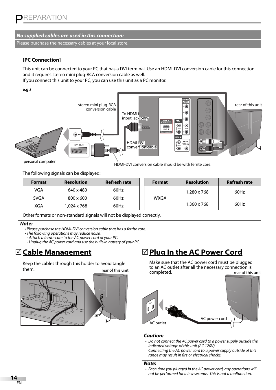 Reparation, Cable management, 5plug in the ac power cord | Sylvania LD320SSX User Manual | Page 14 / 162