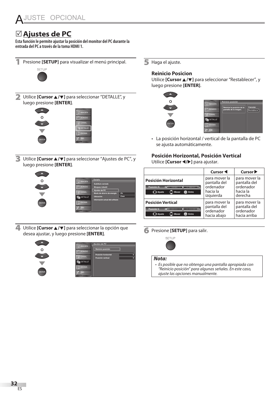 Juste opcional, Ajustes de pc, Reinicio posicion | Posición horizontal, posición vertical, Nota, Presione [setup] para visualizar el menú principal, Haga el ajuste, Utilice [cursor s / b ] para ajustar, Presione [setup] para salir | Sylvania LD320SSX User Manual | Page 140 / 162