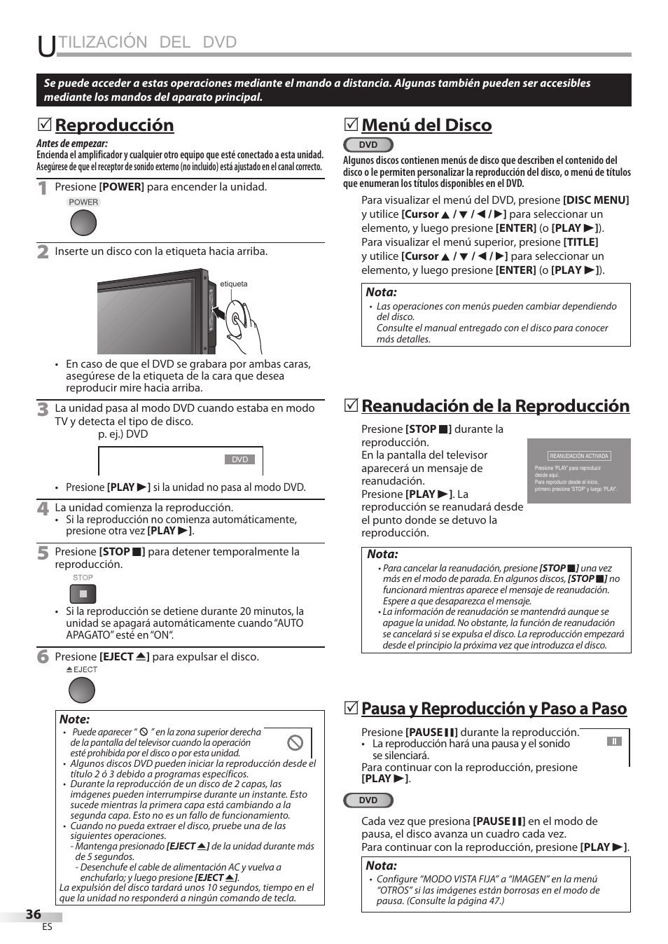 Tilización del dvd, Reproducción, Menú del disco | Reanudación de la reproducción, Pausa y reproducción y paso a paso | Sylvania LD320SSX User Manual | Page 144 / 162