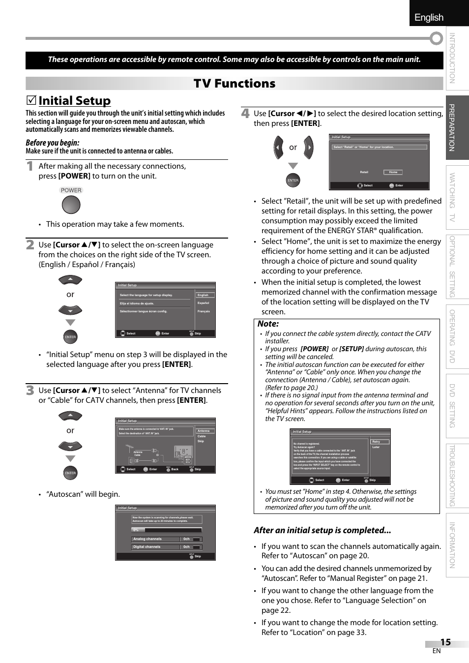 English español français, Initial setup, Tv functions | Before you begin, After an initial setup is completed, Autoscan” will begin | Sylvania LD320SSX User Manual | Page 15 / 162