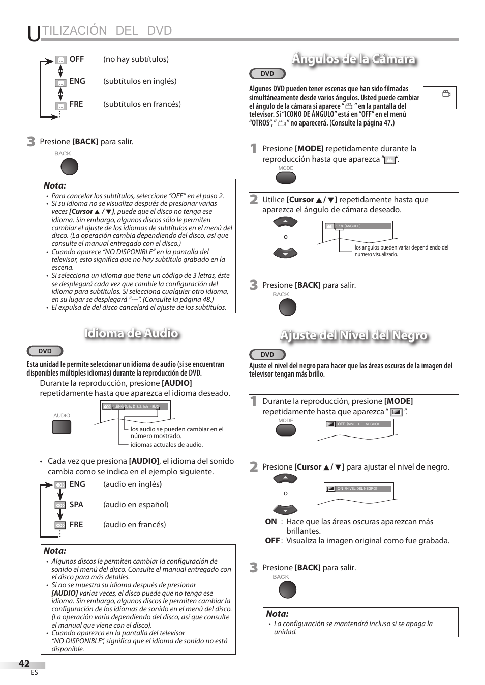 Tilización del dvd, Idioma de audio, Ángulos de la cámara | Ajuste del nivel del negro | Sylvania LD320SSX User Manual | Page 150 / 162