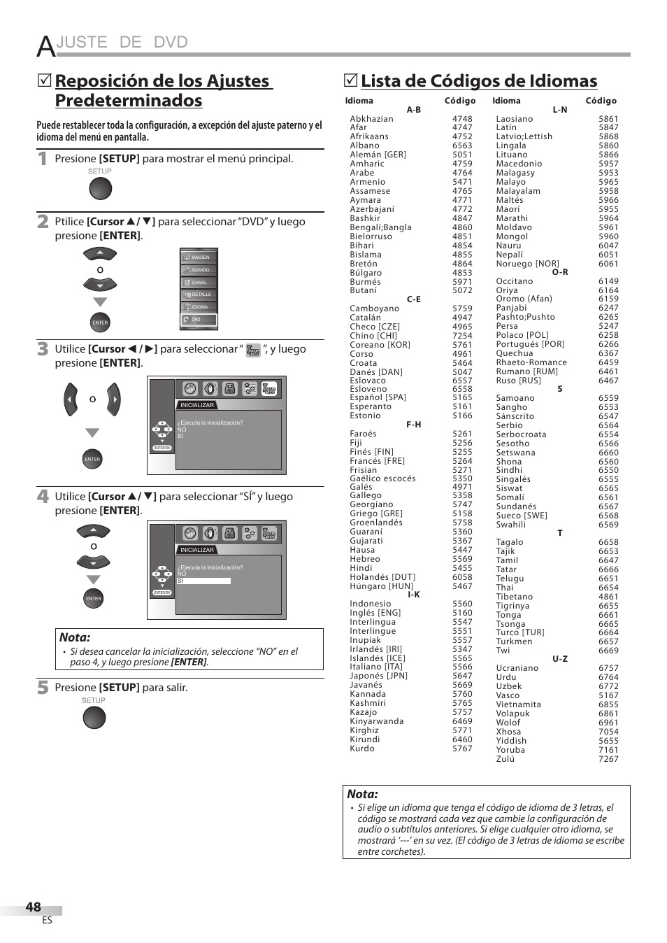 Juste de dvd, Lista de códigos de idiomas 5, Reposición de los ajustes predeterminados 5 | Nota | Sylvania LD320SSX User Manual | Page 156 / 162