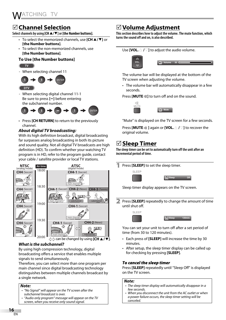 Atching tv, Channel selection, Volume adjustment | Sleep timer | Sylvania LD320SSX User Manual | Page 16 / 162