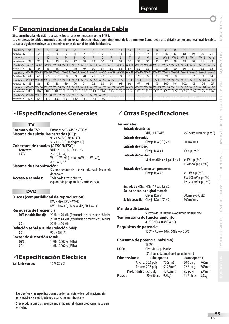 English español français, Especificaciones generales, Especificación eléctrica | 5otras especificaciones, Denominaciones de canales de cable 5 | Sylvania LD320SSX User Manual | Page 161 / 162