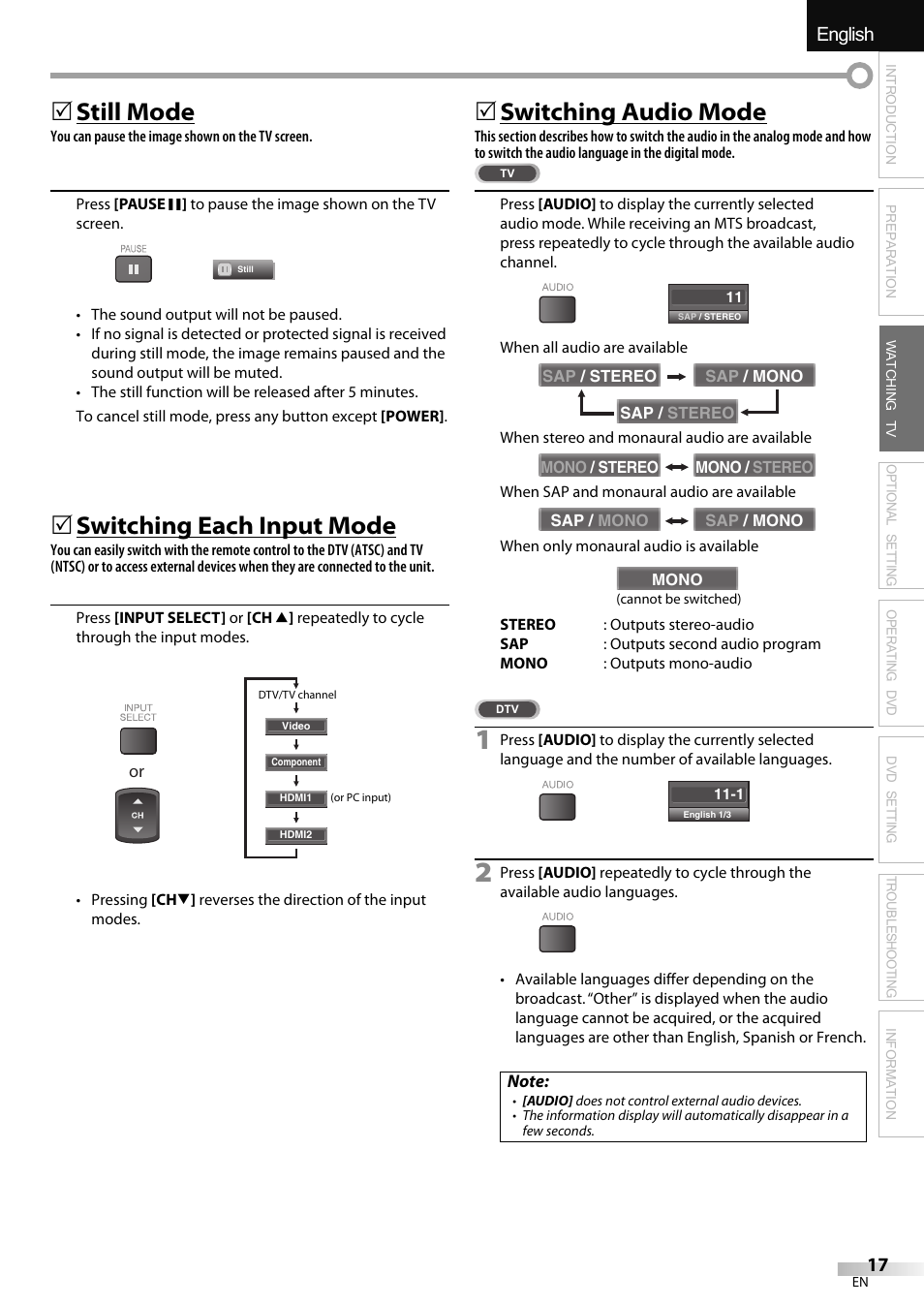 English español français, Still mode, Switching each input mode | Switching audio mode | Sylvania LD320SSX User Manual | Page 17 / 162