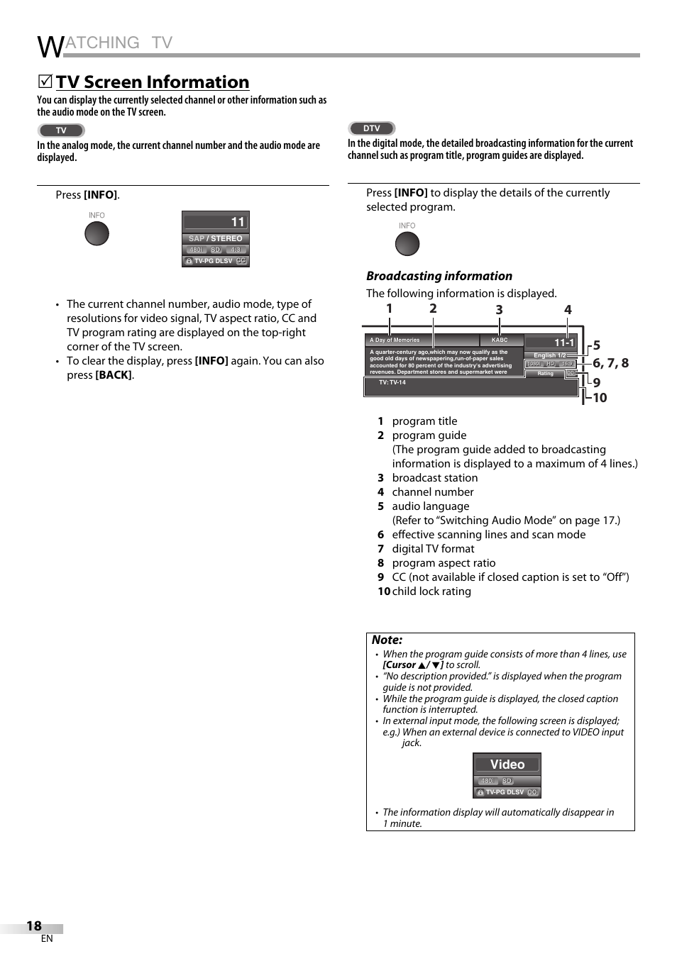 Atching tv, Tv screen information, Broadcasting information | Video | Sylvania LD320SSX User Manual | Page 18 / 162